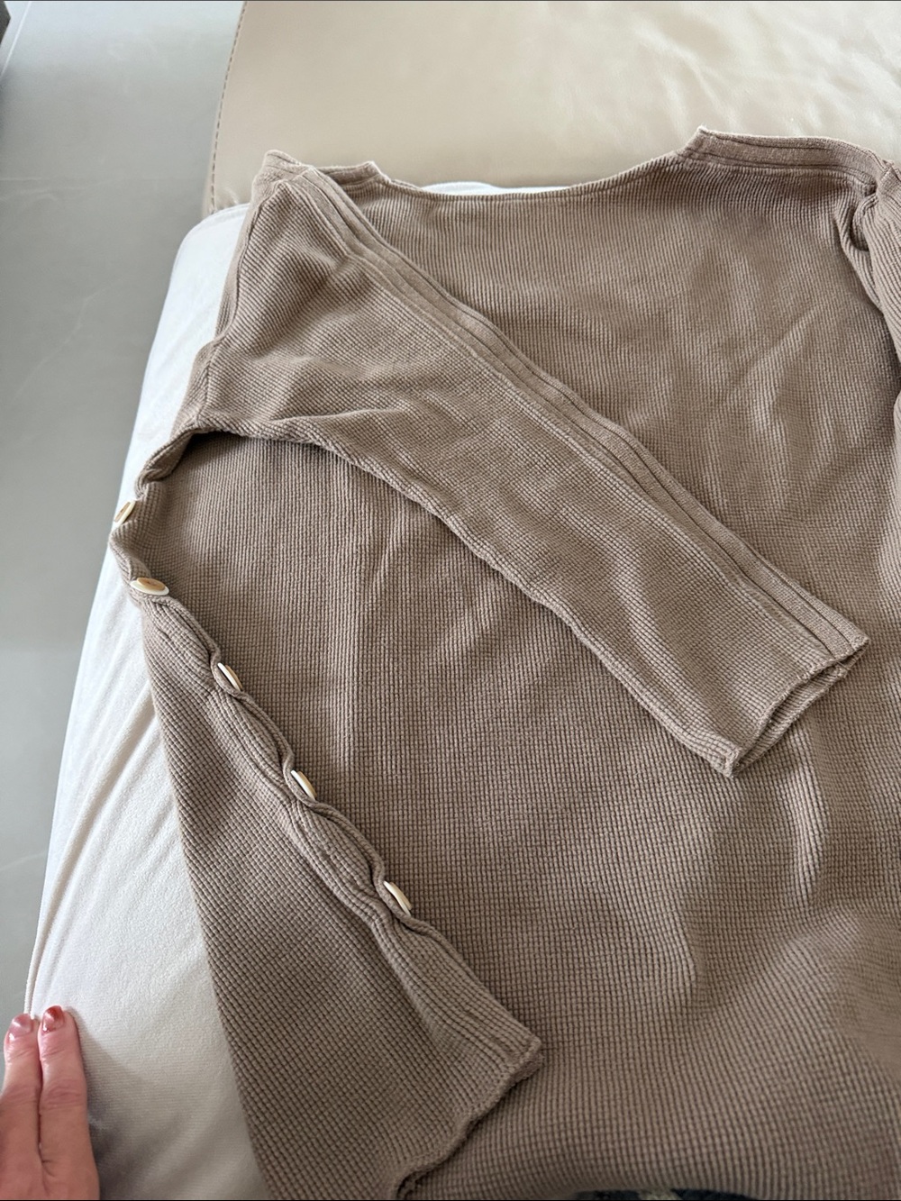 Waffle Knit Long Sleeve Tunic with Shell Buttons — Taupe